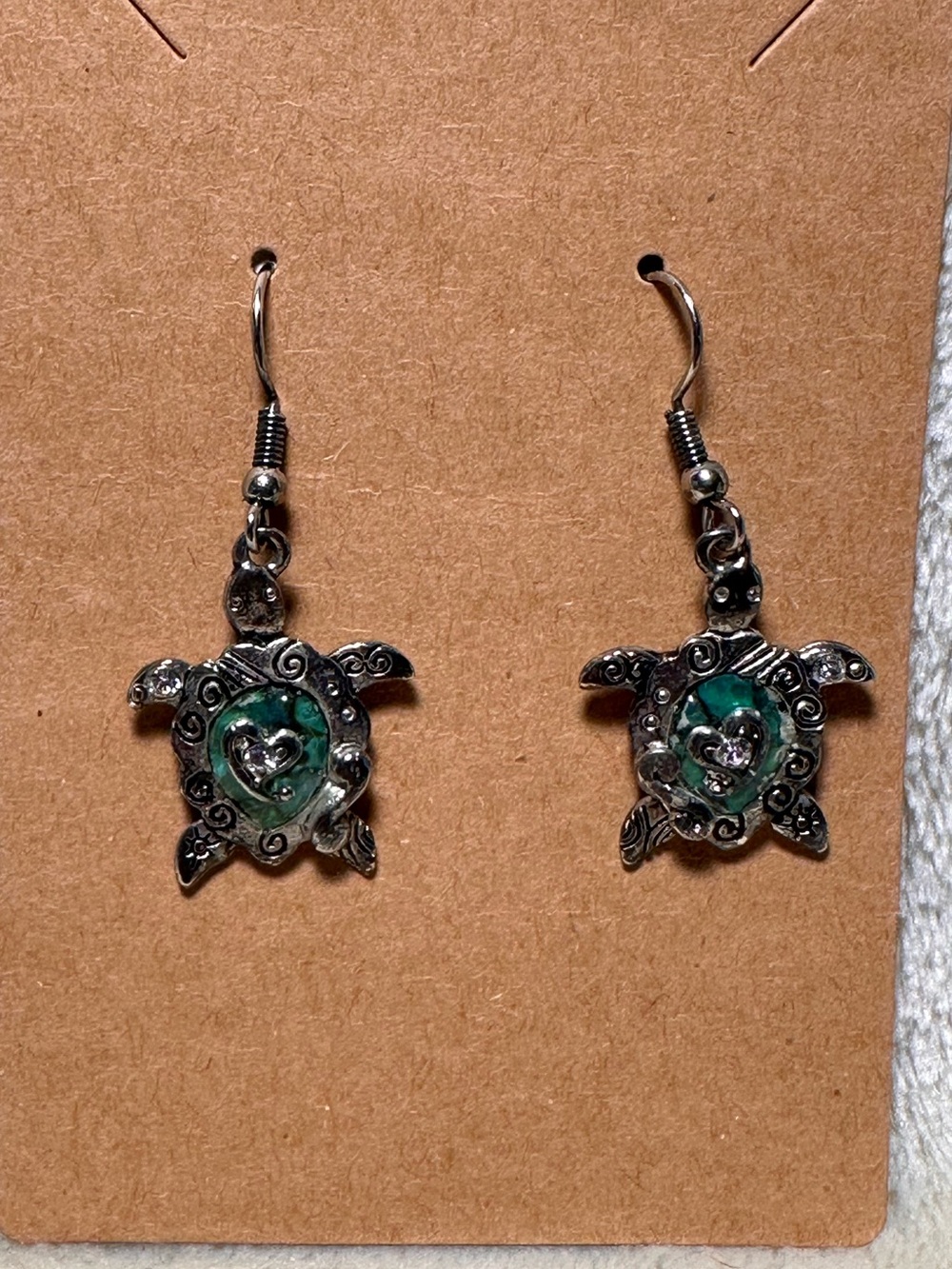 Silver Turtle Drop Earrings with Green Heart Accent